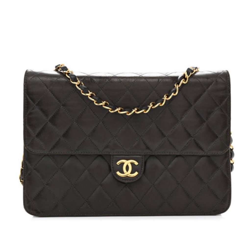 Authentic CHANEL medium black lambskin matelasse bag